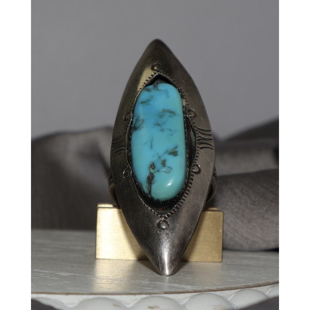 Vintage Navajo Sterling E Turquoise Ring 10.89G / Sz 8 - Picture 1 of 4